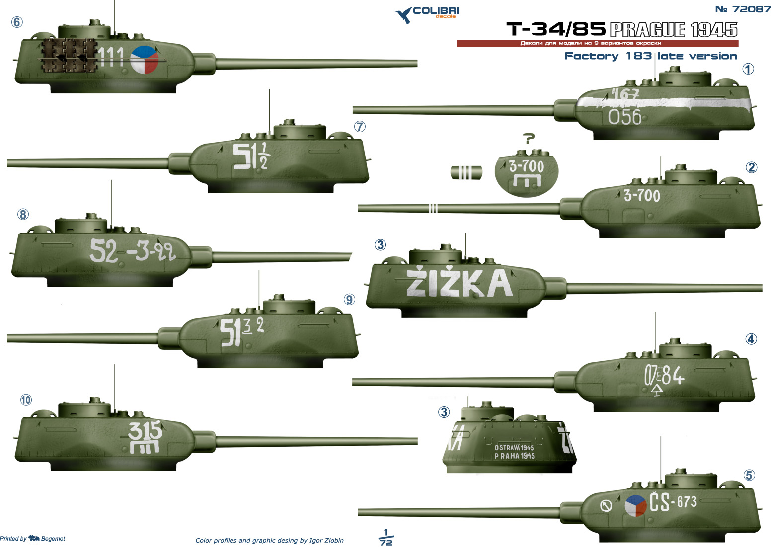 Декаль 1/72 Т-34-85 factory 183 (Прага 1945) (Colibri Decals)