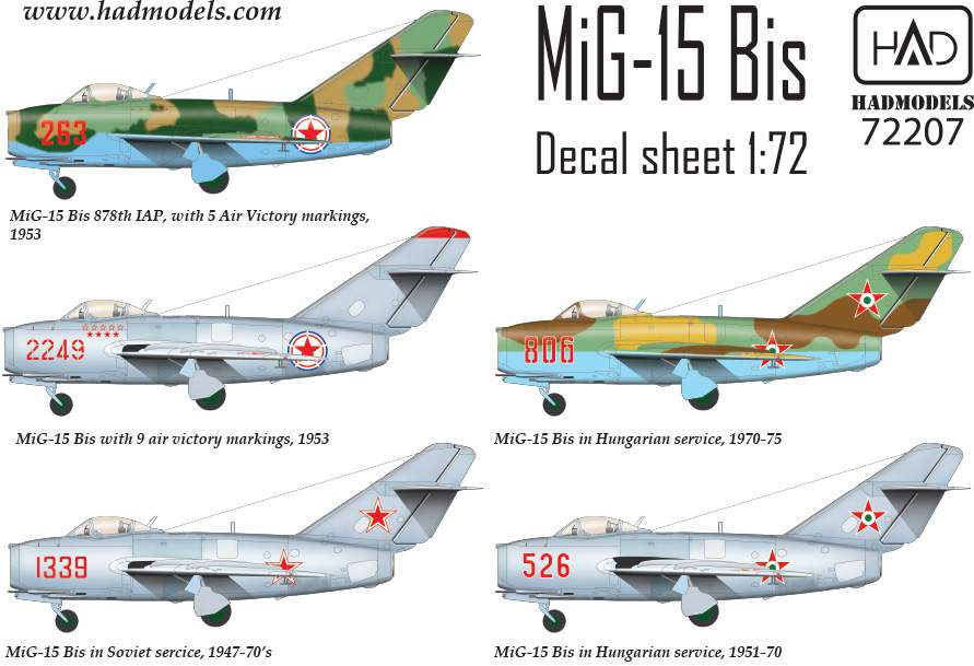 Декаль 1/72 МиГ-15БИС (North Korea, USSR, Hungary) (HAD)