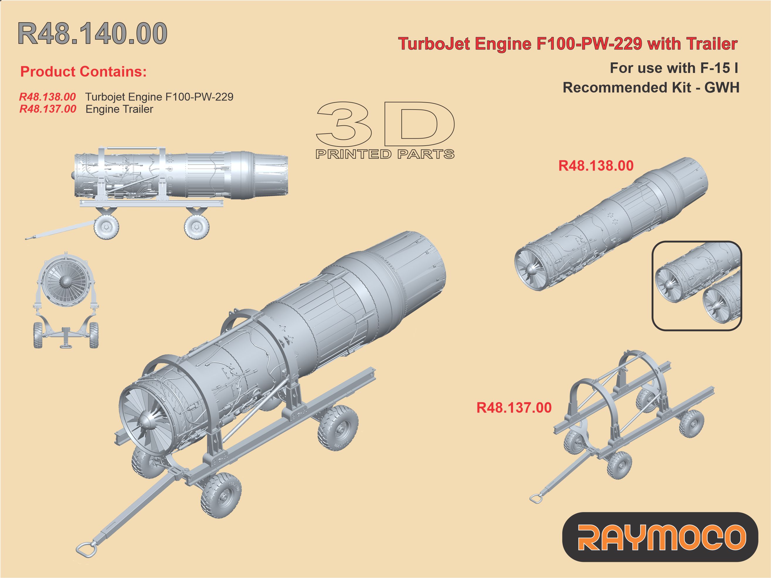 Дополнения из смолы 1/48 Turbo Jet Engine F100-PW-229 /w Engine Trailer (GWH) (Raymoco)