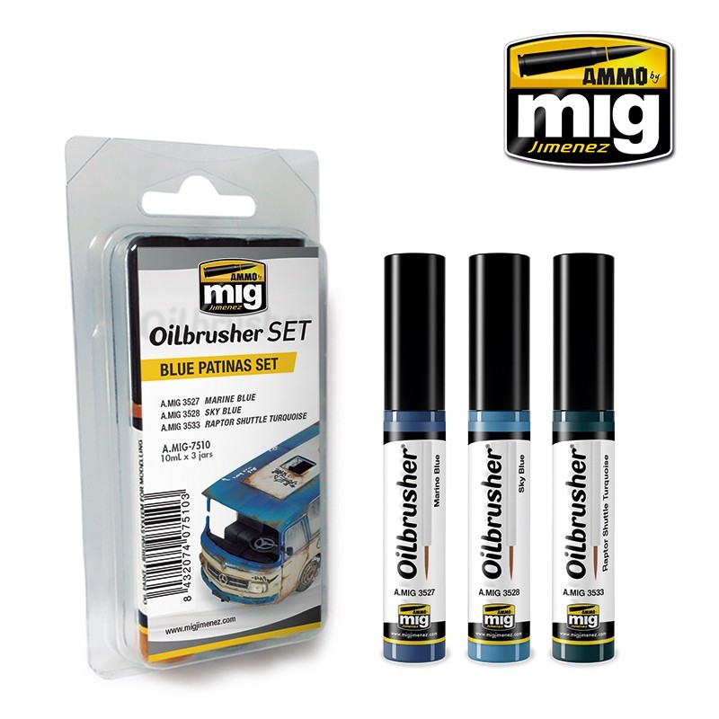 Набор масляных красок с тонкой кистью Blue Patinas OILBRUSHER SET (Ammo Mig) (3x10ml)