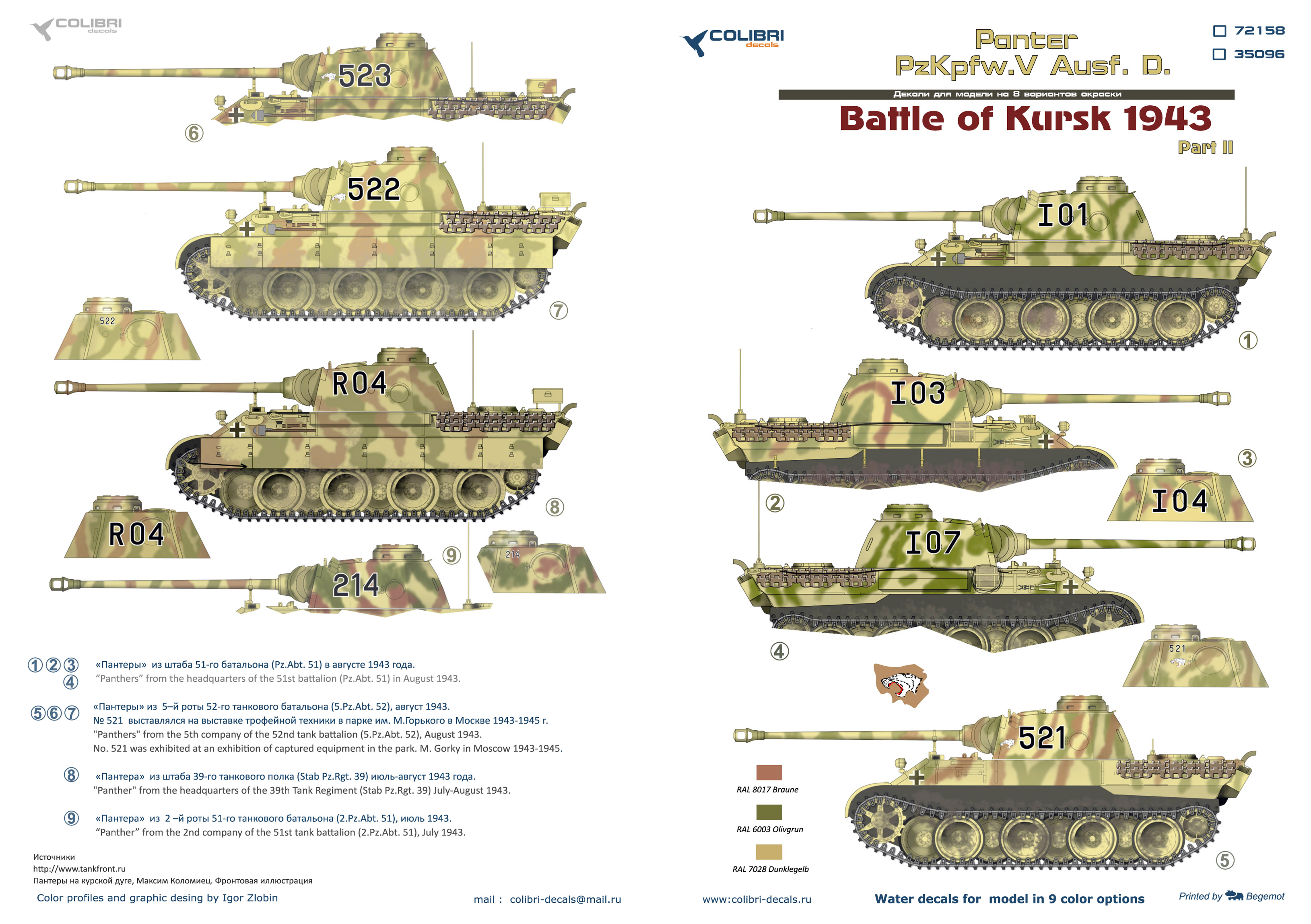 Декаль 1/72 Pz.Kpfw.V Panter Ausf. D Battle of Kursk1943 - Part II (Colibri Decals)