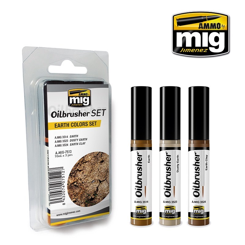 Набор масляных красок с тонкой кистью Earth Colors OILBRUSHER SET (Ammo Mig) (3x10ml)