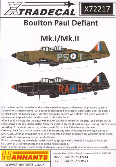 Декаль 1/72 Boulton-Paul Defiant Mk.Is (10) (Xtradecal)