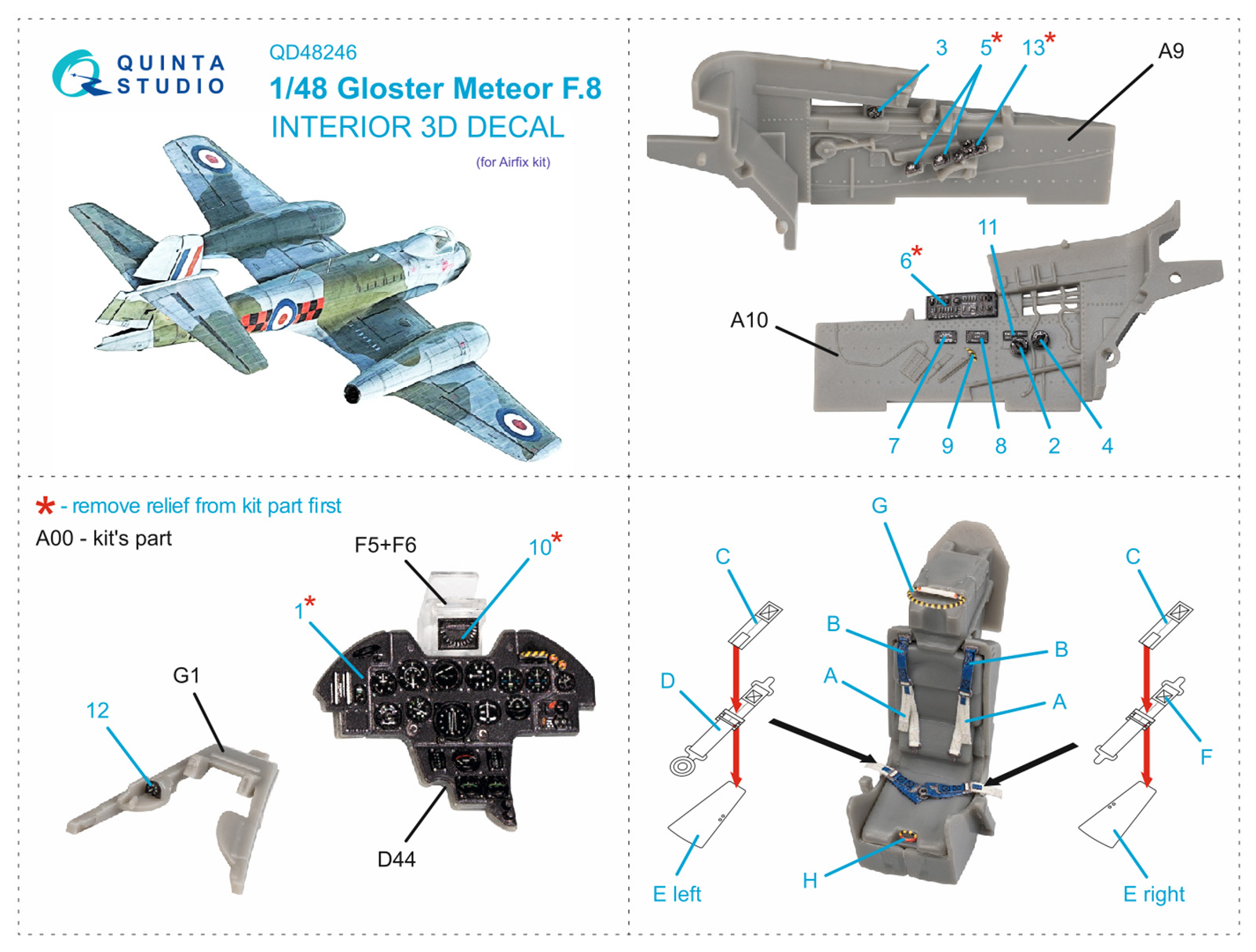 3D Декаль интерьера кабины Meteor F.8 (Airfix)