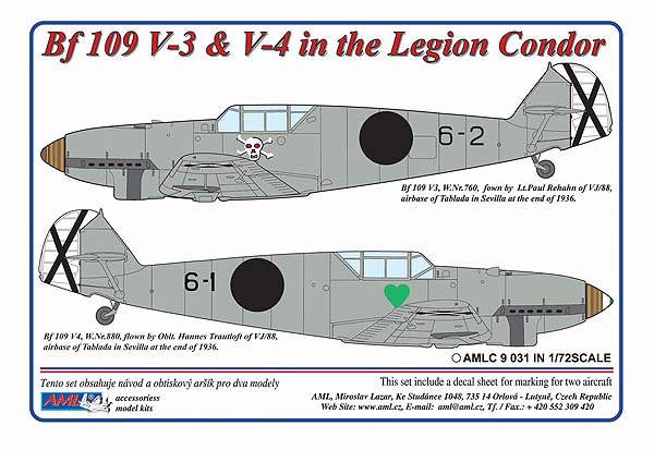 Декаль 1/72 Messerschmitt Bf-109V3,V4 / 2 decal versions Legion Condor in Spain (AML)