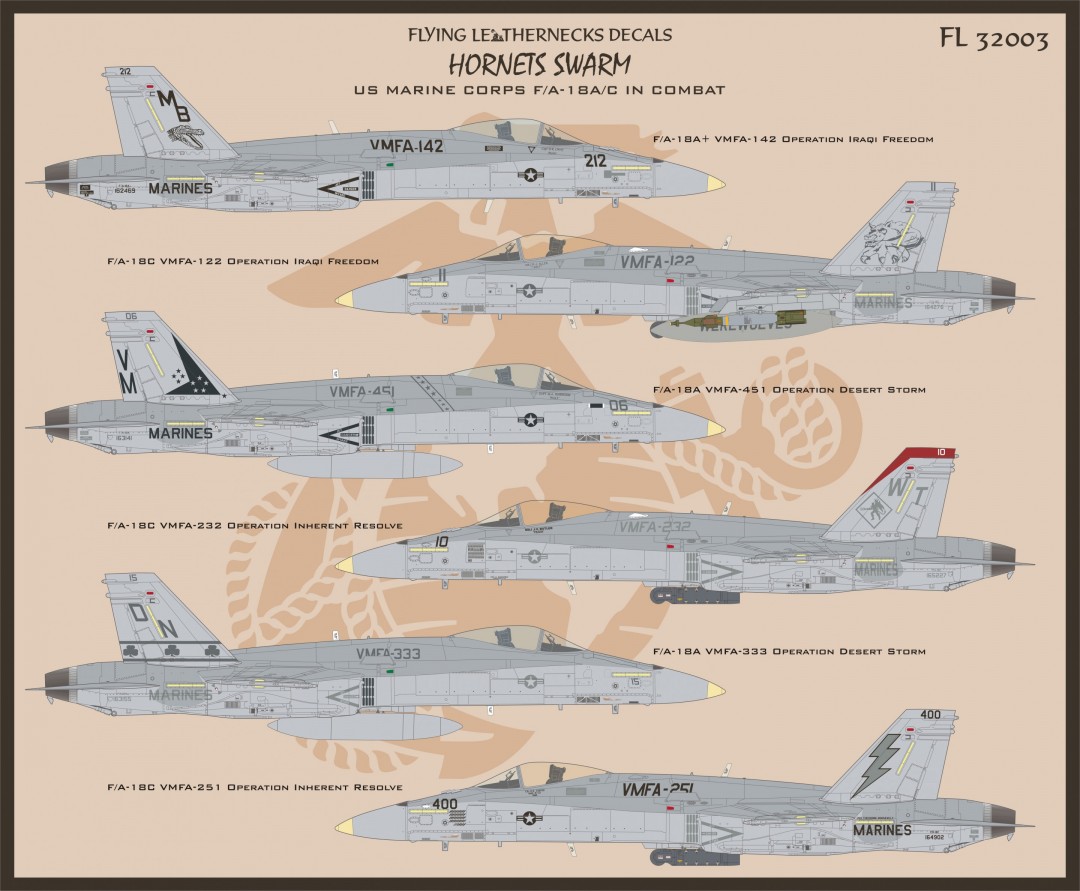 Декаль 1/32 McDonnell-Douglas F/A-18A/C Hornets Swarm  (Flying Leathernecks)