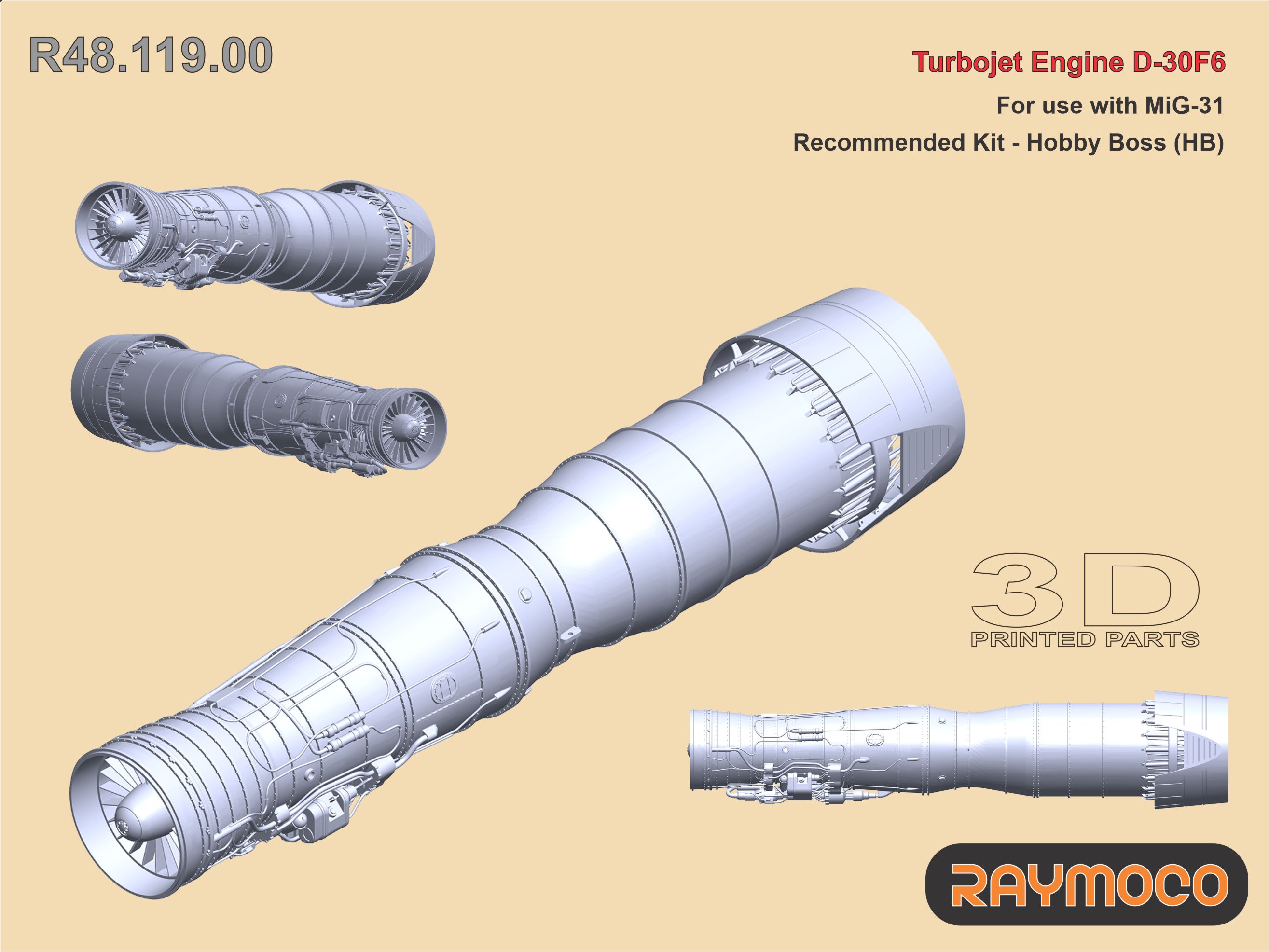 Дополнения из смолы 1/48 Двигатель Д-30Ф6 (для МиГ-31) (HB) (Raymoco)