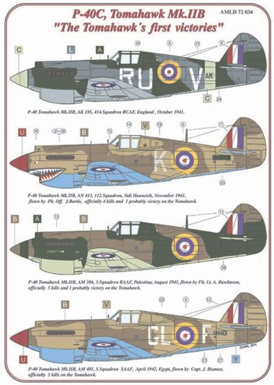 Декаль 1/72 Curtiss P-40C Tomahawk Mk.II RAF WWII x 5 USAF WWII x 1 (AML)