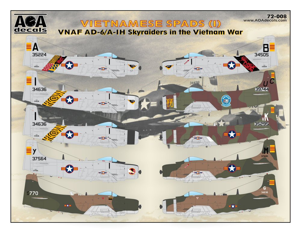 Декаль 1/72 VIETNAMESE SPADS (1) VNAF Douglas AD-6/A-1H Skyraiders in the Vietnam War  (AOA Decals)