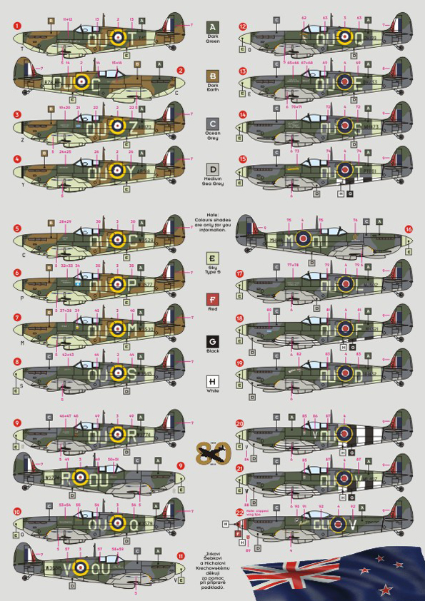 Декаль 1/72 No.485 (NZ) Sq. "Presentation Spitfires" (21 camouflage schemes) (DK Decals)