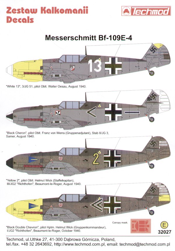 Декаль 1/32 Messerschmitt Bf-109E-4 (4) (Techmod)