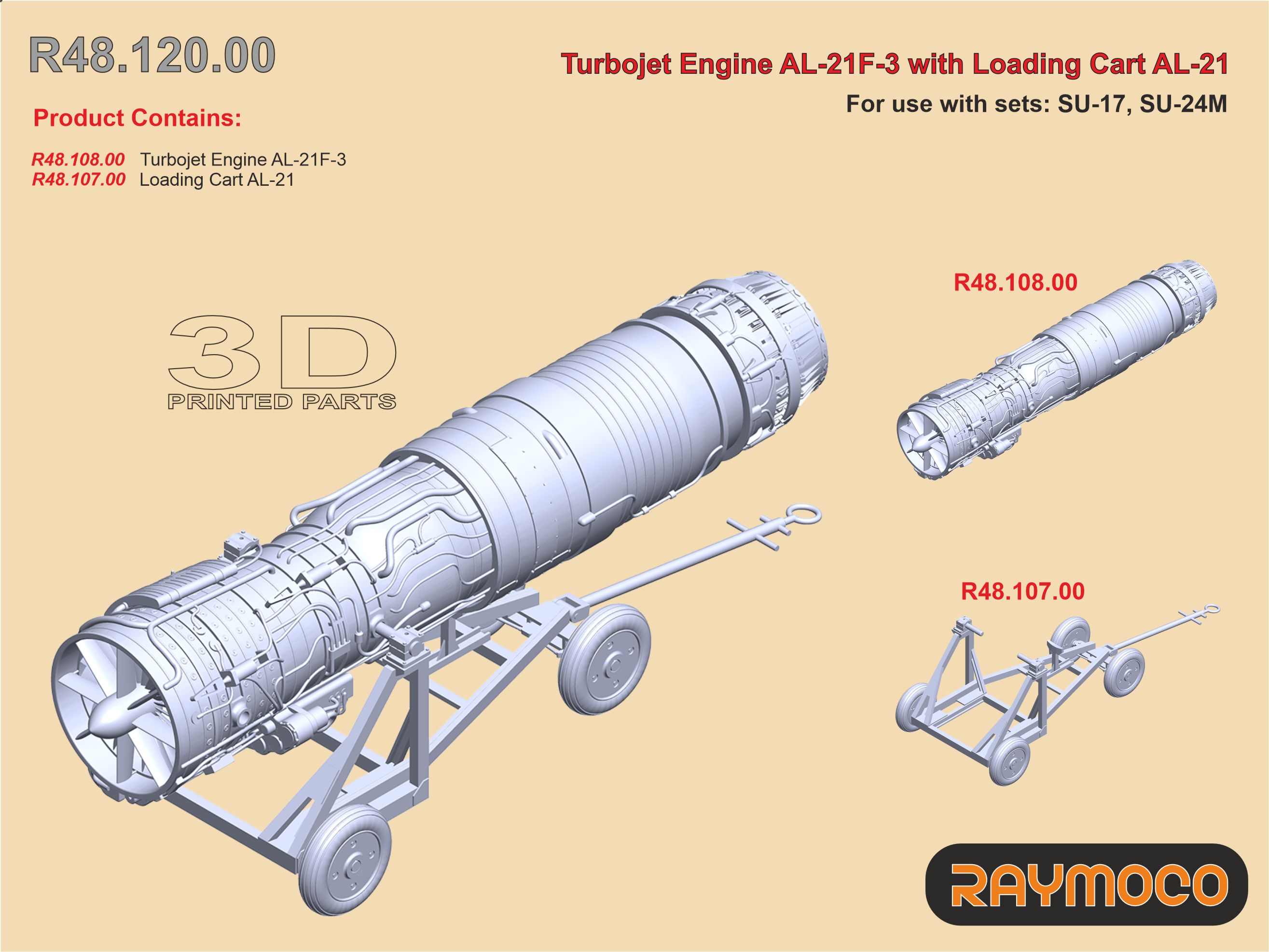 Дополнения из смолы 1/48 Двигатель АЛ-21Ф-3 с погрузочной тележкой АЛ-21 (для СУ-17/24М) (Raymoco)