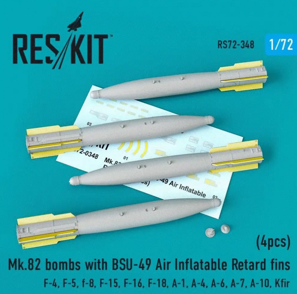 Дополнения из смолы 1/72 Mk-82 bombs with BSU-49 Air Inflatable Retard fins (4pcs) (ResKit)