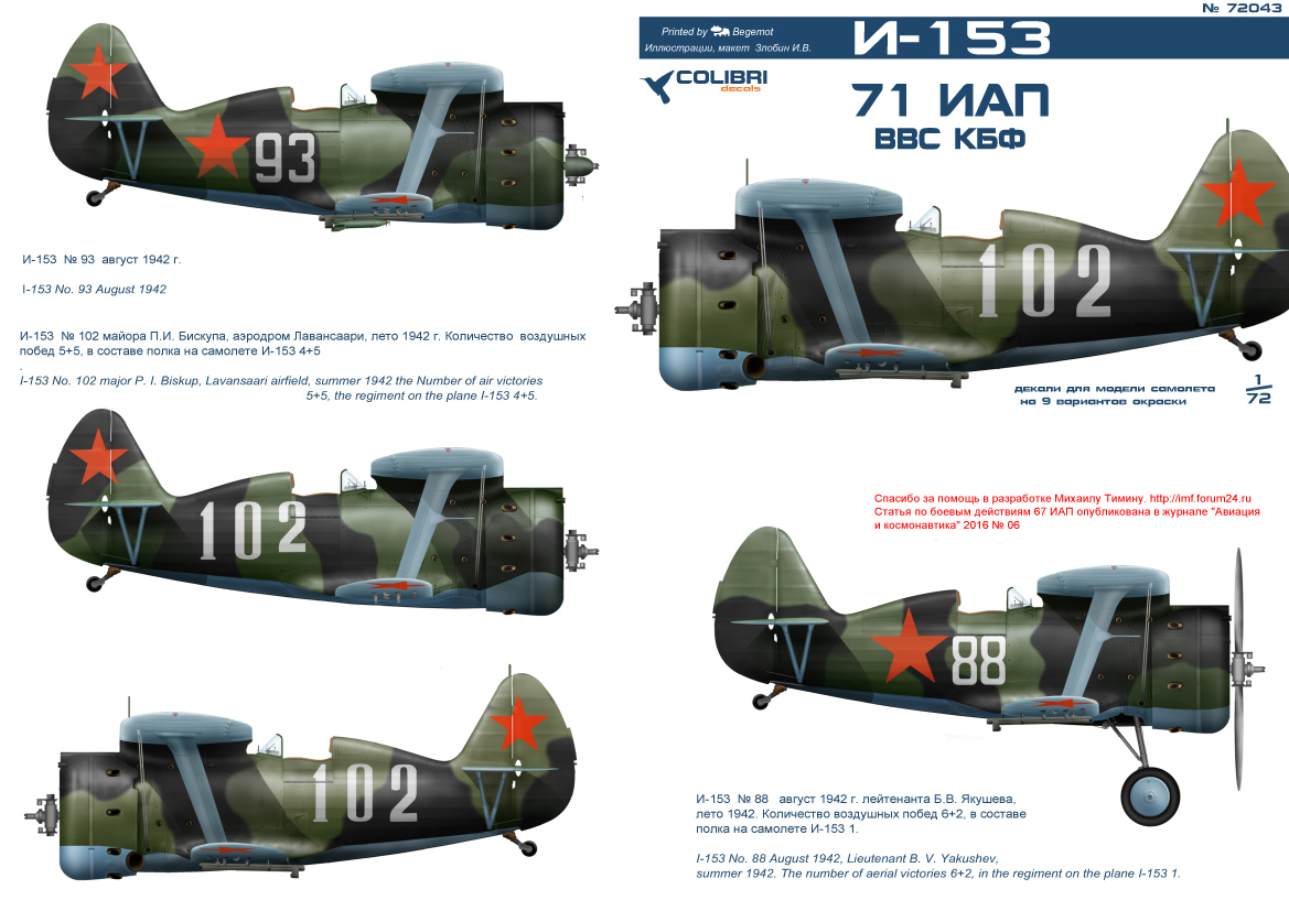 Декаль 1/72 I-153 71 GUIAP (Colibri Decals)