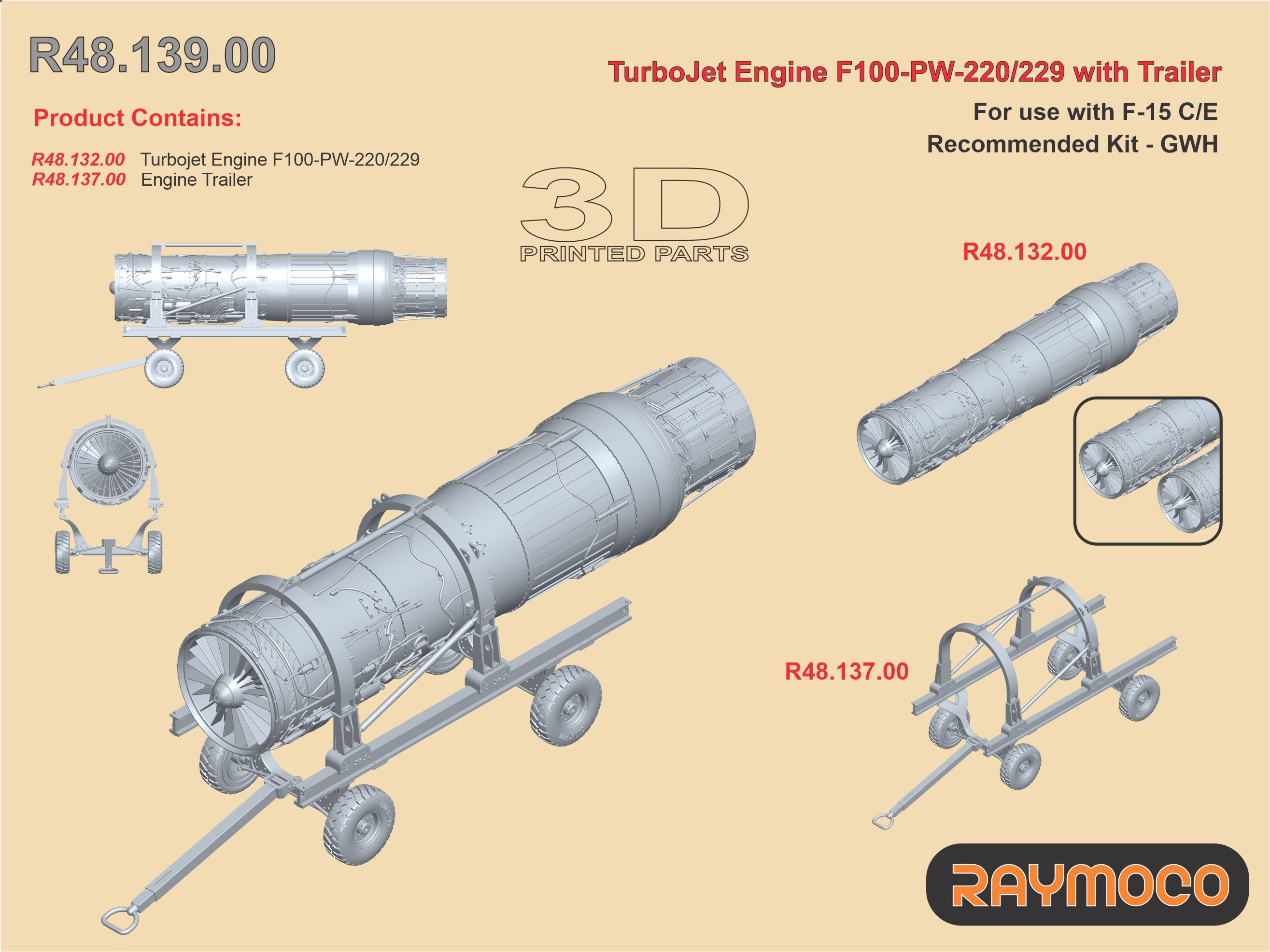 Дополнения из смолы 1/48 Turbo Jet Engine F100-PW-220/229 /w Engine Trailer (GWH) (Raymoco)