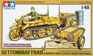 Сборная модель 1/48 Набор военной модели Kettenkraftrad с тележкой и Голиафом (Tamiya)