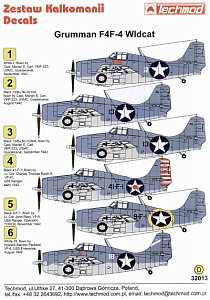 Декаль 1/32 Grumman F4F-4 Wildcat (6) White 2 and Black 13 2 versions (Techmod)